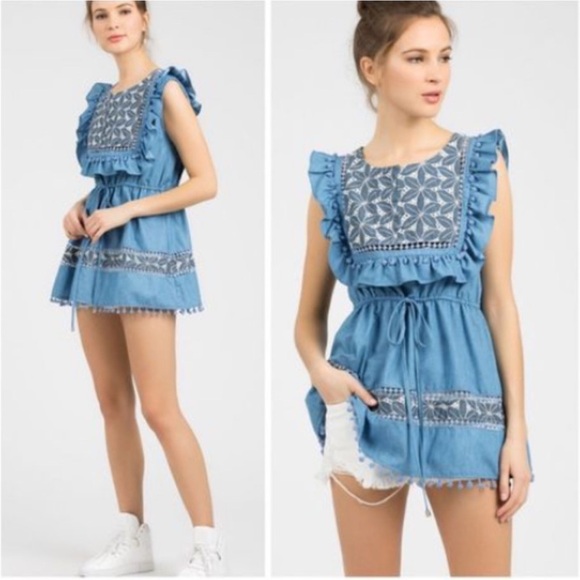 POL Tops - POL Ruffled Embroider boho Tunic Top   S